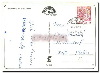 Chur — vista panorâmica com igreja e montanhas nevadas — Verlag Photohaus Gegen 7018 — Verso
