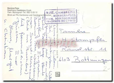 Przełęcz Bernina, 2330 m — widok panoramiczny z Gasthaus Cambrena i jeziorem — wydawca nieznany, numer serii nie widoczny — Rewers