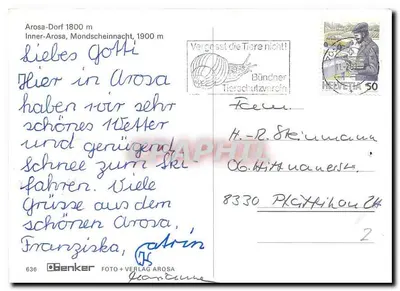 Arosa — widok zimowy dzień i noc — Benker + Verlag Arosa, nr 638 — Rewers