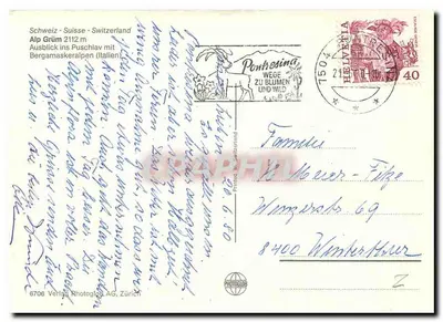 Alp Grüm 2112 m — Widok na szwajcarskie Alpy z pociągiem — Verlag Photoglob AG, Zurych, n° 6706 — Rewers