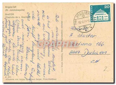 Kościół św. Jakuba — Brigels, Szwajcaria — wydawca Flims-Waldhaus — Rewers