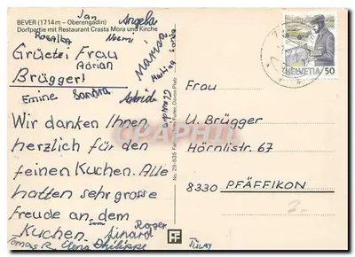 Bever (1714m) – Oberengadin — Dorfpartie mit Restaurant Crasta Mora und Kirche — Helvetia 50 — Verso