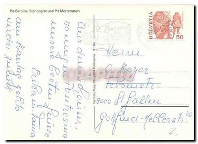 Piz Bernina, Biancograt i Piz Morteratsch — widok jesieniowy — Farbfoto Flury, Ch-7504 Pontresina B 154 — Rewers