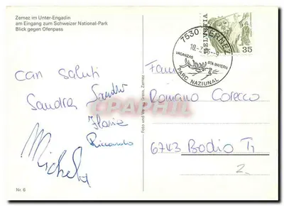 Zernez w Dolnym Engadinie — wejście do Narodowego Parku Szwajcarskiego — widok w kierunku Ofenpass — wydawca: Foto und Verlag Grass, Zernez, nr 6 — Rewers