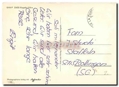 Zuoz / Engadina — widok zimowy z trasami narciarskimi — C.F. Filserna-Oberengadin, n° 12/101 P — Rewers