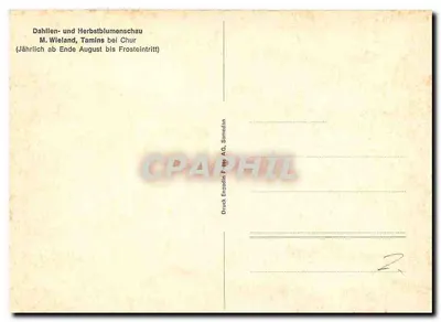 Jardim de dahlias e flores de outono em Tamins — perto de Chur — editor Druck Ensadlin Pres. AG, Sumedan — Verso