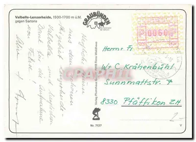 Valbella-Lenzerheide — 1500-1700 m acima do nível do mar — Verlag Photohaus Gagel, Nr. 7137 — Verso