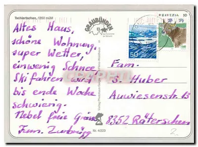 Tschierietschen — zasnieżone wioski alpine — Verlag Photodruck Geiger, Nr. 4/223 — Rewers