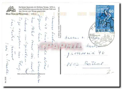 Bad Tarasp-Vulpera — castelo em colina — Verlag Foto Feuerstein AG, n°2133 — Verso