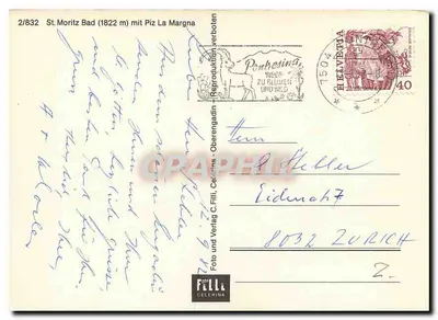 St. Moritz Bad (1822 m) com Piz La Margna — Pontesina, editor C. Filli, n° 2/832 — Verso