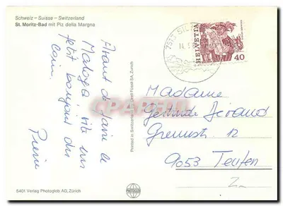 St. Moritz-Bad z Piz della Margna — widok jeziora z zasnieżonymi górami — Verlag Photoglob AG, Zürich, nr 5401 — Rewers