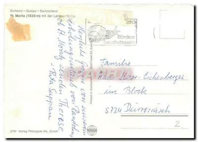 St. Moritz — widok zimowy — Verlag Photoglob AG, Zürich, n° 2751 — Rewers