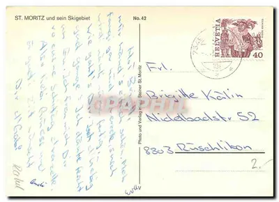 St. Moritz — widok z lotu ptaka z trasami narciarskimi — Photo und Verlag St. Moritz, nr 42 — Rewers
