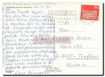 Thunersee-Motorschiff «Blümlisalp» — montanha no fundo — Foto Arthur Gaur, Oberhofen-Thun — Verso
