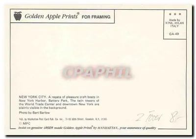 Nova York — Torres Gêmeas e barcos de recreio — Golden Apple Prints, série GA-49 — Verso