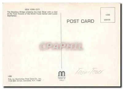Nova York — Ponte Brooklyn e Torres Gêmeas — Manhattan Post Card Co. Inc. — Verso