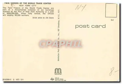 Brodziowe Wieże Centrum Handlowego World Trade Center — Nowy Jork — Manhattan Post Card Pub. Co. n° C-2 — Rewers