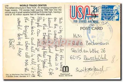 World Trade Center — Nova Iorque — Pub. by Manhattan Post Card Co., Inc. — Verso
