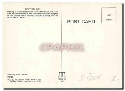 Nowy Jork — widok z powietrza na Manhattan — Manhattan Post Card Co., Inc. n° WB-587 — Rewers