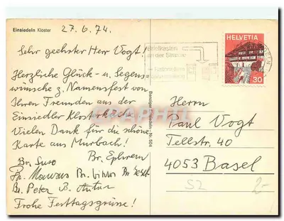 Mosteiro de Einsiedeln — vista aérea — editor Berner Graphil, n° 504 — Verso