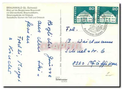 Braunwald — widok panoramiczny na zasneżone góry z pociągiem i teleferykiem — wydawca Schönwetter Glarus — Rewers