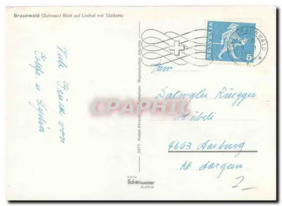 Braunwald (Szwajcaria) — widok na Linthal z Tödikette — wydawca Schenwetter, Glarus — Rewers