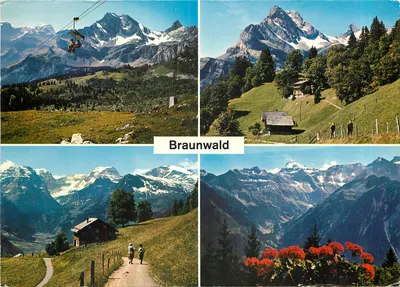Braunwald — montanhas nevadas, cabine de teleférico, chalés e flores — Foto Fred Barbier