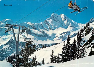 Braunwald — paisagem de montanha nevada com teleférico — editor desconhecido, n° 1094