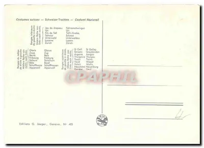 Kostiumy szwajcarskie — Schweizer Trachten — Costumi Nazionali — Wydawnictwo G. Joeger, Genewa, N° 405 — Rewers