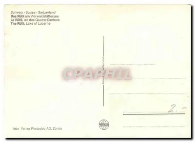Rütli — Jezioro Czwórnych Kantonów — Widok jeziora i Rütli z szwajcarskim flagą — Wydawnictwo Photoglob AG, Zurych — Rewers