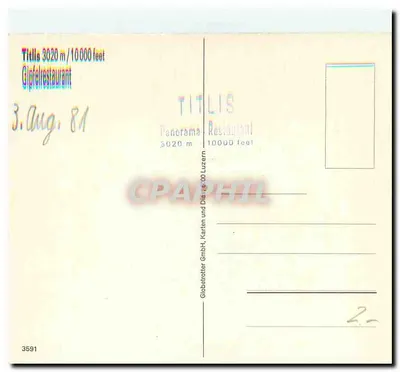 Titlis — Restaurante no cume 3020 m / 10 000 feet — Globetrotter GmbH, n° 3591 — Verso