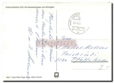 Unterschächen (Uri) — widok z Klausenstrasse i Windgälle — Wydawnictwo Hugo Kopp, 8032 Zurych — Rewers