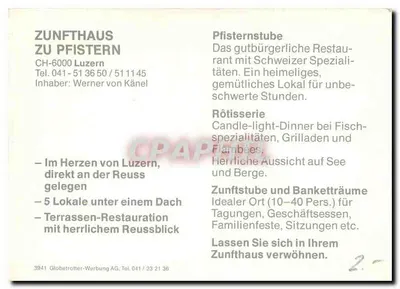 Zunft haus zu Pfistern — Luzern — uitgever Globetrotter-Werbung AG, n° 3941 — Achterkant