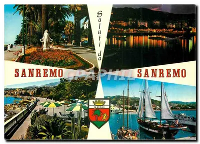Sanremo — widok panoramiczny z statuą, portem i górami — wydawca P. Marzari S.R.L. Schio