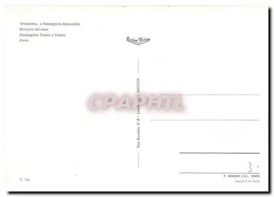 Sanremo — widok panoramiczny z statuą, portem i górami — wydawca P. Marzari S.R.L. Schio — Rewers