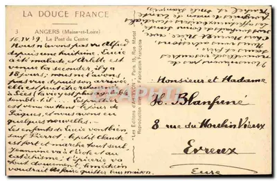 Angers — O Pont do Centro — Editor Yvon, n° 707 — Verso