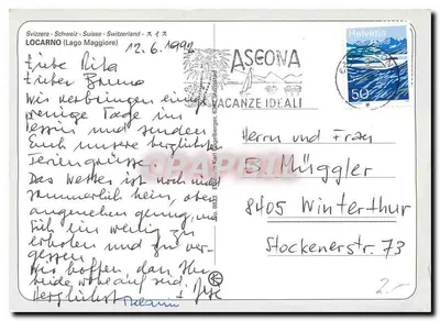 Locarno (Lago Maggiore) — vista do lago com barco — editor Asconze Ideali — Verso