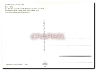 Basel — widok na Münster, fasady domów nad Ryniem, fontanny obok Stadttheater, budynki Banku Międzynarodowego do rozliczeń — Rewers