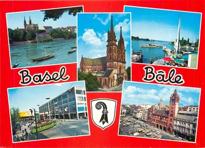 Basel — vista panorâmica com catedral, rio Reno, barco e trem — ROWESA AG, 4000-28