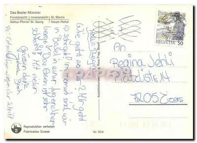 Basel, catedral — vista exterior, interior, portais e estátuas — editor Fabrication Suisse, n° 504 — Verso