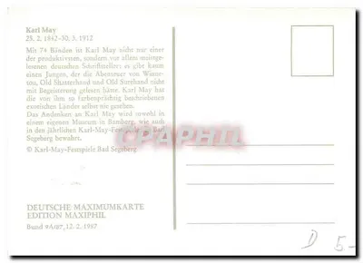 Escena cinematográfica con jinetes indios — Karl May — edición Maximumkarte Bund 9A/87 — Reverso