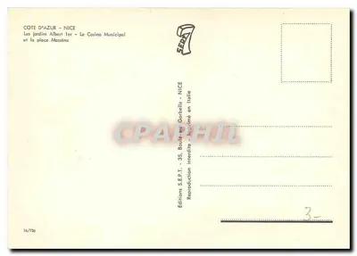 Jardines Albert I y el Casino Municipal en Niza — Ediciones S.E.P.T. — n° 16/736 — Reverso