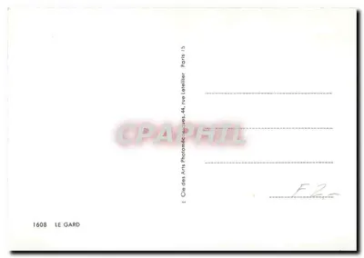 O Gard — Carte postal turística com vista de Nîmes, o Pont du Gard, Alès e outros locais — Editor: Cie des Arts, Paris — Verso