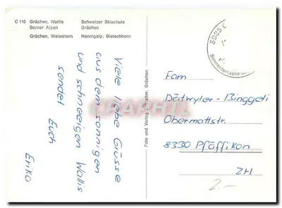 Grächen-Wallis — widok wsi, narciarze, góry i teleferyk — wydawca Walter, nr C 110 — Rewers