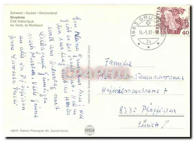 Gruyères — Cidade histórica — Impressa na Suíça pela Photoglob SA, Zurique/Vevey, n° 10570 — Verso
