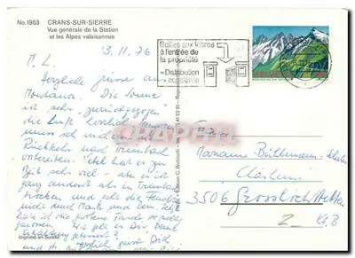 Crans-Sur-Sierre — Ogólny widok stacji i Alp walenskich — Wydawnictwo C. Borlinelli, nr 1953 — Rewers