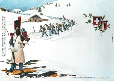 Coluna Republicana das Montanhas — Passagem das Alpes em 1º de Março de 1848 — Lith. E. Deckelmann, Chaux-de-Fonds