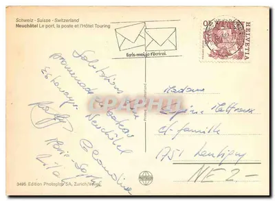 Neuchâtel — Le port, la poste et l'Hôtel Touring — Edición Photoglob SA, Zúrich/Vevey — Reverso