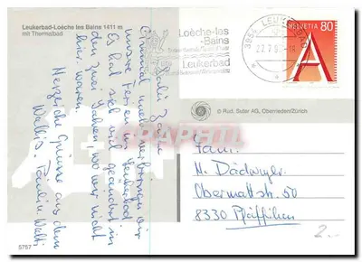 Leukerbad — widok panoramiczny z trzema wycinkami serca — wydawca Rüd. Suter AG — Rewers