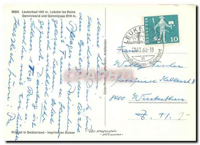 Leukerbad — widok na Gemmiwand i Gemmipass — wydawca Klopfenstein — Rewers